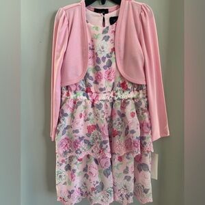 NWT girls "In Girl" spring ruffle floral dress with matching sweater 6, 6x